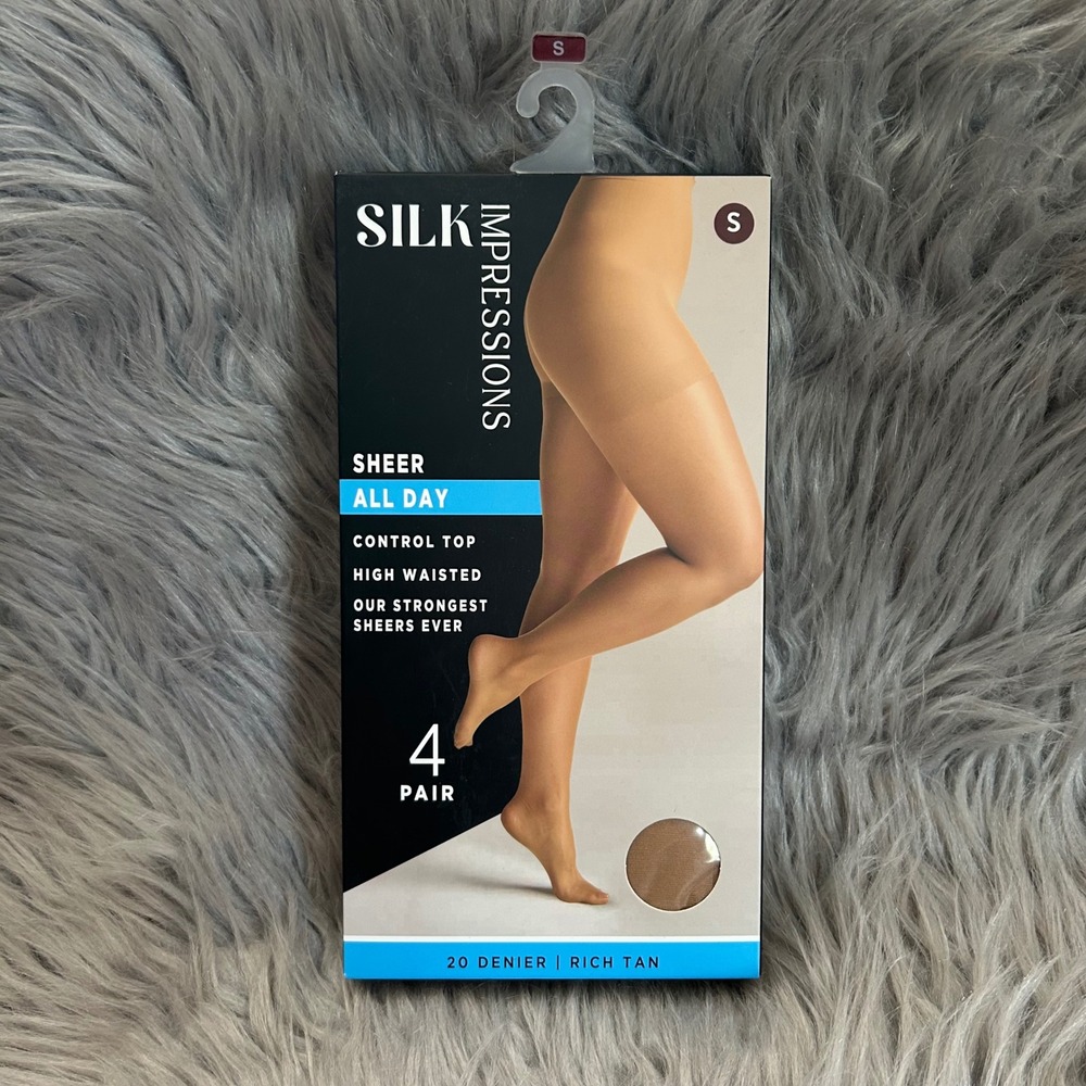 Silk Impressions Sheer Control Top Tights Women Size Small Rich Tan High Waisted